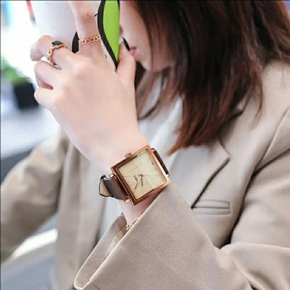 Accessories - NEW! Golden Coffee Square Quartz Watch with Brown Leather Strap